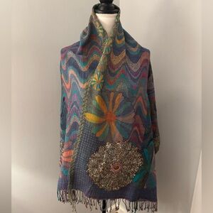 Gorgeous wool & viscose boho print beaded wrap scarf or shawl. Blues, orange red
